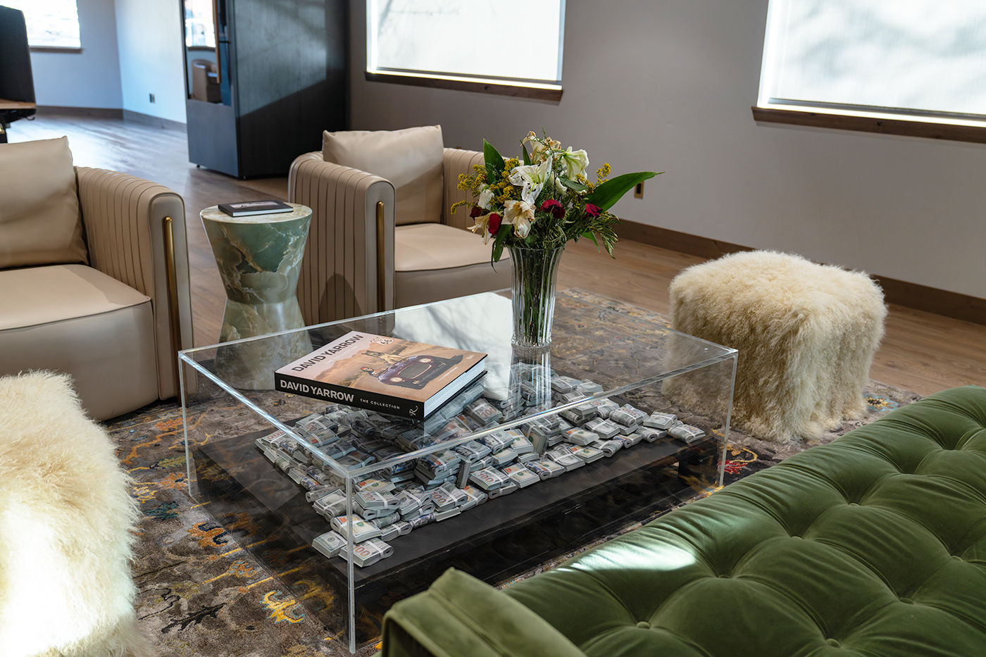 Curated lounge area with coffee table and design details